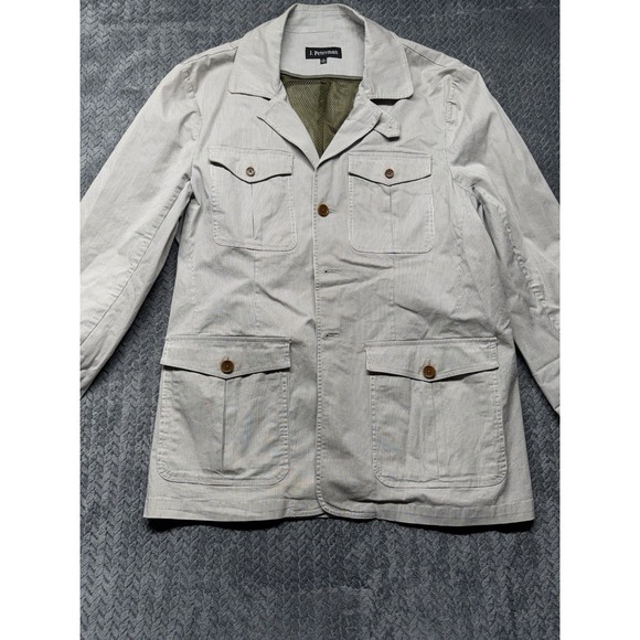 J. Peterman Safari Jacket Men 48 Gray Stripe Cotton Blend 4-Pkt Travel Utility‎